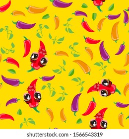 Cute seamless pattern with cartoon emoji Chili peppers