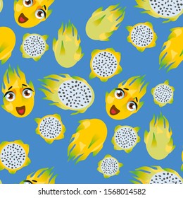 Cute seamless pattern with cartoon emoji fruits pitaya