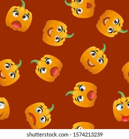 Cute seamless pattern with cartoon emoji pumpkin