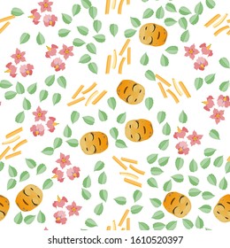Cute seamless pattern with cartoon emoji potatoes