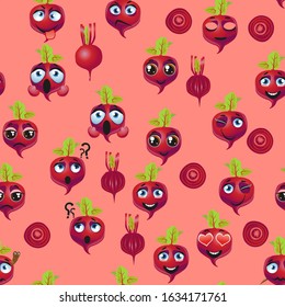 Cute seamless pattern with cartoon emoji beetroot