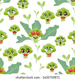 Cute seamless pattern with cartoon emoji broccoli