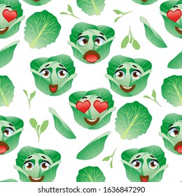 Cute seamless pattern with cartoon emoji cabbage