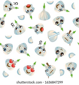 Cute seamless pattern with cartoon emoji garlic