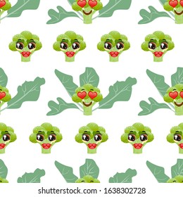 Cute seamless pattern with cartoon emoji broccoli