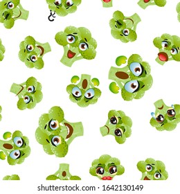 Cute seamless pattern with cartoon emoji broccoli