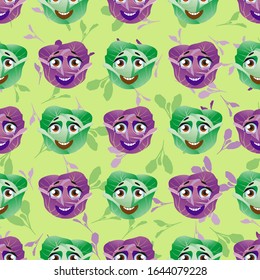 Cute seamless pattern with cartoon emoji cabbage
