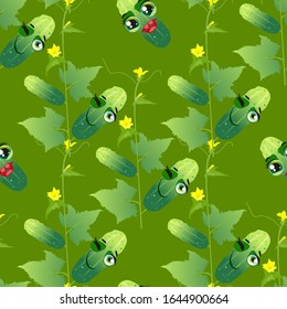 Cute seamless pattern with cartoon emoji cucumber