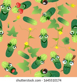 Cute seamless pattern with cartoon emoji cucumber