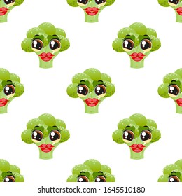 Cute seamless pattern with cartoon emoji broccoli