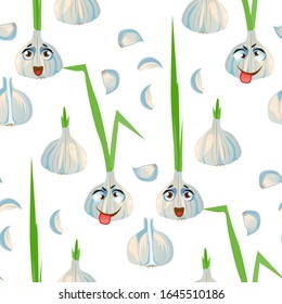 Cute seamless pattern with cartoon emoji garlic