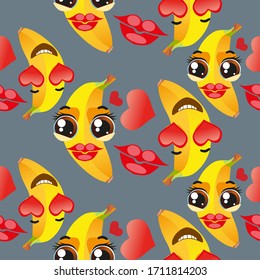 Cute seamless pattern with cartoon emoji fruits on gray background