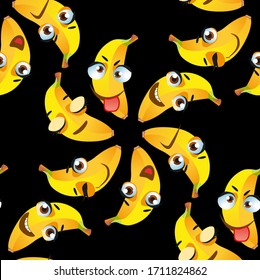 Cute seamless pattern with cartoon emoji fruits on black background