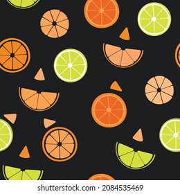 Cute seamless pattern with cartoon faces from orange slices. Orange fruit, lime, mandarin, clementine, red orange.