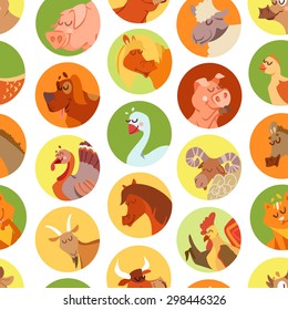 Cute seamless pattern with cartoon farm animals avatars. Dog,cow,sheep,pig,horse,goat,goose,rooster. Eco farm background. Vector illustration