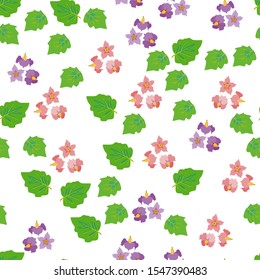 Cute seamless pattern with cartoon flowers and leaves of eggplant