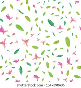 Cute seamless pattern with cartoon flowers and leaves of bananas