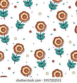 Cute seamless pattern with cartoon flowers and leaves for fabric print, textile, gift wrapping paper. colorful vector for kids, flat style