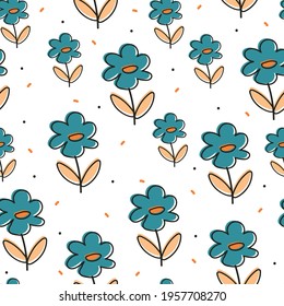 Cute seamless pattern with cartoon flowers and leaves for fabric print, textile, gift wrapping paper. colorful vector for kids, flat style