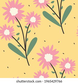 Cute seamless pattern with cartoon flowers and leaves for fabric print, textile, gift wrapping paper. colorful vector for kids, flat style