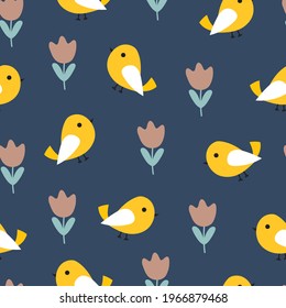 Cute seamless pattern with cartoon flowers and birds for fabric print, textile, gift wrapping paper. colorful vector for kids, flat style
