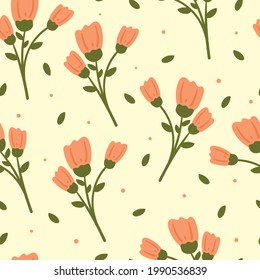 Cute seamless pattern with cartoon flowers and leaves for fabric print, textile, gift wrapping paper. colorful vector for kids, flat style