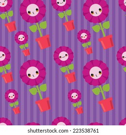 Cute seamless pattern with cartoon flowers. Kawaii japanese style.