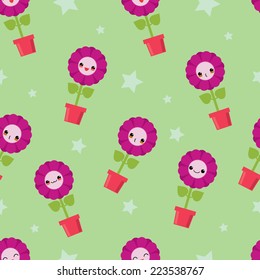 Cute seamless pattern with cartoon flowers. Kawaii japanese style.
