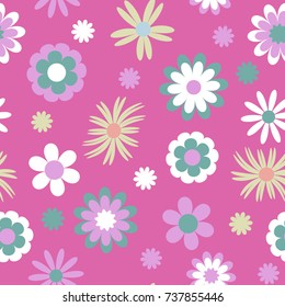 Cute seamless pattern with cartoon flowers on a pink background, vector. Seamless floral texture in candy colors. Good for baby products, gadgets, packaging design, print on fabric, wallpaper and more