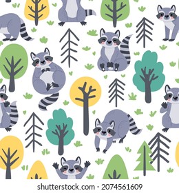 Cute seamless pattern with cartoon forest raccoons and trees. Childish print with happy animals. Baby racoon for nursery vector wallpaper. Adorable characters playing in wood on nature