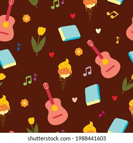Cute seamless pattern with cartoon free time stuffs cones for fabric print, textile, gift wrapping paper. colorful vector for kids, flat style
