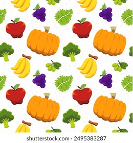 Cute seamless pattern with cartoon fresh vegetables and fruits picture