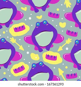 Cute seamless pattern with cartoon frog. Hipster wallpaper with Frog Princess in vector. 