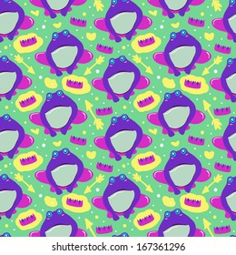 Cute seamless pattern with cartoon frog. Hipster wallpaper with Frog Princess in vector. 