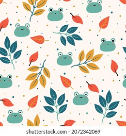 cute seamless pattern with cute cartoon of frog and plant. for fabric print and textile, kids wallpaper