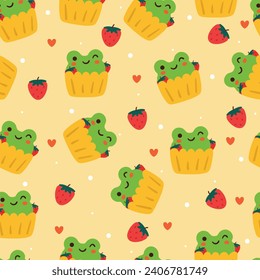 cute seamless pattern cartoon frog cupcake. cute animal and dessert wallpaper for gift wrap paper