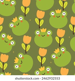 cute seamless pattern cartoon frog and flower. cute animal wallpaper for gift wrap paper