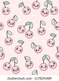 Cute Seamless Pattern with Cartoon Fruits. Sweet Funny Cherries on a Light Pink Background. Kawaii Style Design. White Tiny Heart Among Pink Cherries. Lovely Nursery Illustration. Happy Cherries.