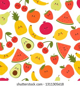 Cute seamless pattern with cartoon fruits. Kawaii. Creative healthy background. Modern stylish texture. Great for fabric, textile, wrapping. Vector illustration