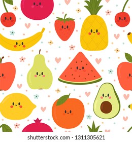 Cute seamless pattern with cartoon fruits. Creative healthy background. Kawaii. Modern stylish texture. Great for fabric, textile, wrapping. Vector illustration