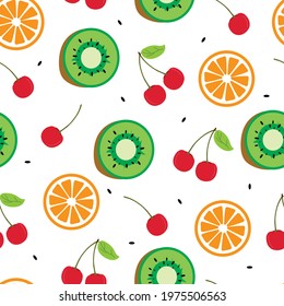 Cute seamless pattern with cartoon fruits for fabric print, textile, gift wrapping paper. colorful vector for kids, flat style