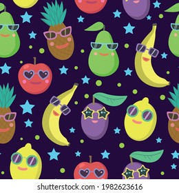 Cute seamless pattern with cartoon fruits characters in sunglasses, avocado, banana, pineapple, lemon and apple.