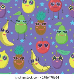 Patrón perfecto con personajes de frutas de dibujos animados en gafas de sol, aguacate, banana, piña, limón y manzana.