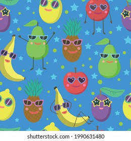 Cute seamless pattern with cartoon fruits characters in sunglasses, avocado, banana, pineapple, lemon and apple.