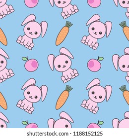 Cute seamless pattern with cartoon funny rabbits. Childish background. Vector kawaii illustration. Clipping mask applied. This pattern is available as Swatches.