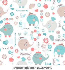 Cute seamless pattern with cartoon funny elephants, buttons, flowers, apples and hearts.