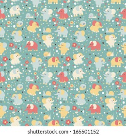 Cute seamless pattern with cartoon funny elephants and snails. Childish background. Holiday design. Vector illustration.