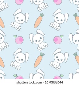 Cute seamless pattern with cartoon funny rabbits. Childish background. Pattern with doodle. Vector kawaii illustration.