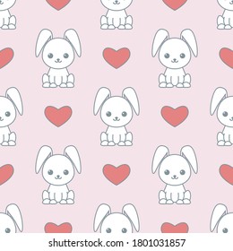 Cute seamless pattern with cartoon funny rabbits and hearts. Romantic background. Pattern with doodle. Vector kawaii illustration.