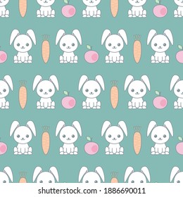 Cute seamless pattern with cartoon funny rabbits. Childish background. Pattern with doodle. Vector kawaii illustration.